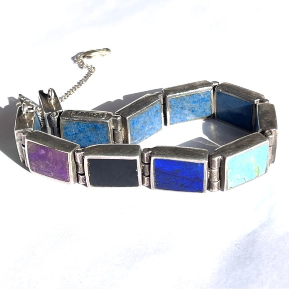 Vintage Taxco Sterling Silver Multiple Gemstone Rect. Panel Bracelet Reversible - Picture 4 of 17